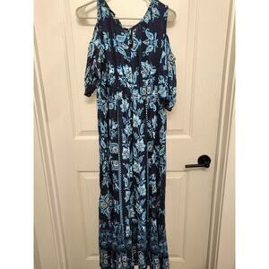 Lola P. Pasily Blue Floral Vintage Cold Shoulder Maxi dress in size Large